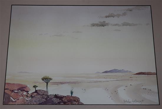 Nicholas Galloway (b.1940), watercolour, African landscape, signed and dated 89, 33 x 48cm, unframed